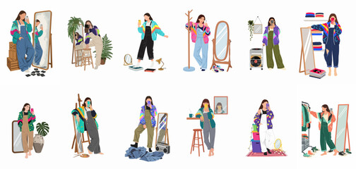 Collection of illustrations featuring a woman in 90s-inspired retro fashion, wearing colorful windbreakers and overalls while taking mirror selfies in various settings. © Lopezda