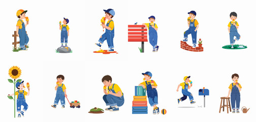 Set of illustrations depicting a young boy in blue denim overalls enjoying melting ice cream cones in various playful outdoor summer scenes. © Lopezda