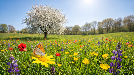 Fototapeta premium Butterfly on a yellow flower in a colorful field of flowers with a blooming tree in the background on a sunny day