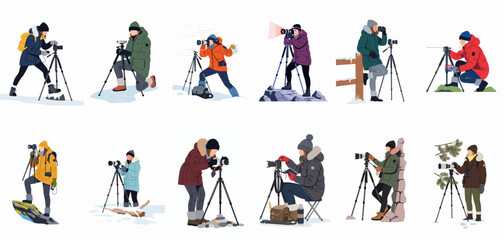 Collection of photographers in winter clothing and outdoor gear using cameras on tripods for nature and landscape photography. © Lopezda
