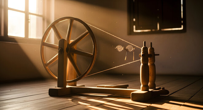 Wooden spinning wheel in sunlit room with spectacles