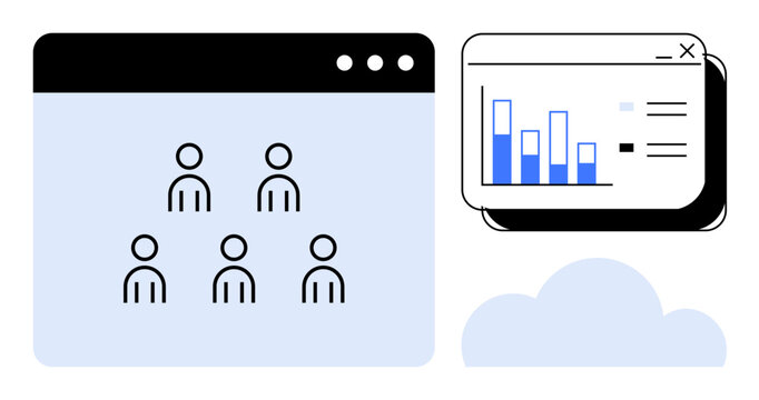 Business planning, data analysis, teamwork tracking, productivity management, cloud computing, online collaboration. Minimalist illustration of team icons and data charts with a cloud. Business