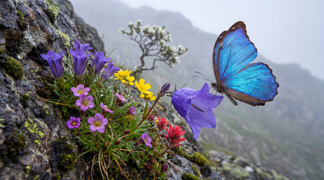 A blue morpho butterfly hovers near vibrant flowers on a rocky mountain slope with a foggy background