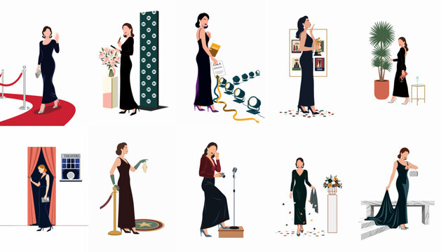Set of flat vector illustrations featuring elegant women in formal evening gowns at various high-profile events like galas, award ceremonies, and red carpets.