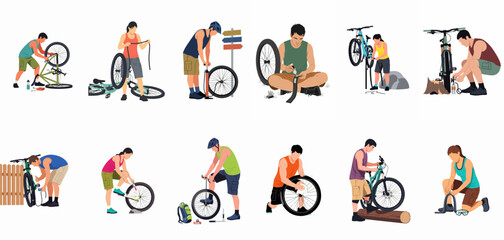 Fototapeta premium A collection of illustrations showing various people performing bicycle repairs and maintenance outdoors, such as fixing punctures, pumping tires, and adjusting components.