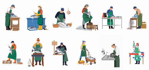 Fototapeta premium Flat illustration set of various fishmongers and workers processing, cleaning, and selling fresh fish in a market or factory setting.