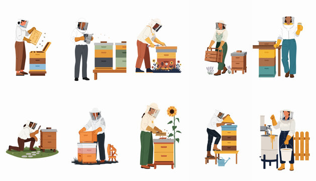 Diverse set of beekeepers in protective suits managing hives, harvesting honey, and using apiculture equipment in a flat vector illustration style.