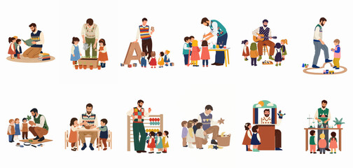 Fototapeta premium Comprehensive collection of flat illustrations depicting a male nursery teacher engaging in diverse educational activities with young children on a white background.