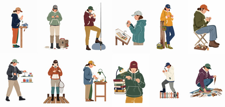 Flat vector illustrations of women fly tying, preparing lures, and organizing fishing gear for fly fishing adventures.