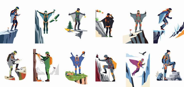 Set of extreme sports illustrations featuring wingsuit flying, base jumping, and rock climbing activities in various mountain landscapes.