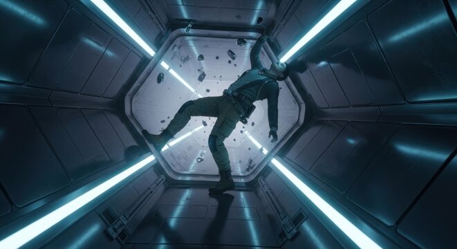 Astronaut floating in zero gravity inside a futuristic spaceship corridor
