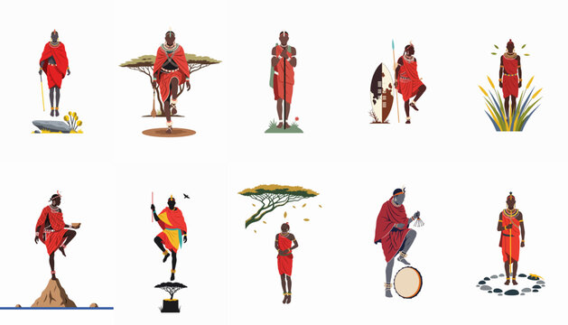 Set of ten vector illustrations featuring Maasai tribal warriors and people in traditional red robes and jewelry, isolated on white background.