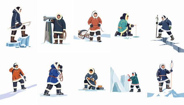 Set of Inuit and Eskimo characters in traditional clothing performing various Arctic activities like hunting, ice fishing, and building an igloo on snow.