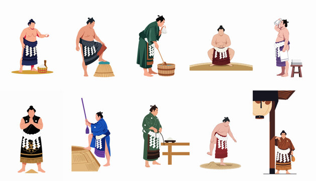 Set of vector illustrations depicting Japanese sumo wrestlers engaged in various traditional rituals and daily activities of their professional lives.