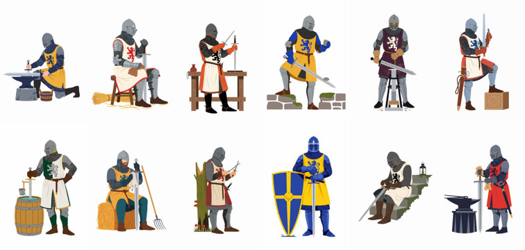 A collection of medieval knights in full plate armor and chainmail, depicted in various poses such as guarding, sitting, and maintenance tasks.