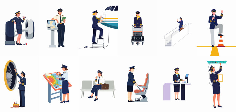 Flat illustration set of female pilots and aviation professionals performing various duties in an airport and cockpit environment.