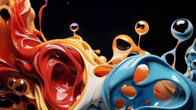 Watch as colorful liquid shapes blend together in a studio. The vibrant colors swirl, mix, and create unique patterns in a continuous flow, showcasing dynamic movement.