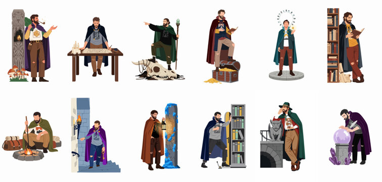 Collection of Modern Fantasy Adventurer Character Illustrations Featuring Men in RPG Inspired Scenarios Like Spellcasting, Map Making, and Treasure Hunting