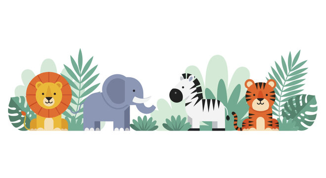 Cute Cartoon Jungle Animals and Plants Border.