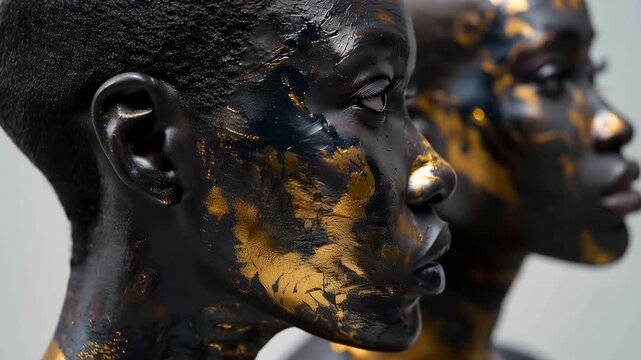 Artistic display shows multiple faces with black and gold paint in a gallery. The focus is on detailed features and creative expressions in a bright setting.
