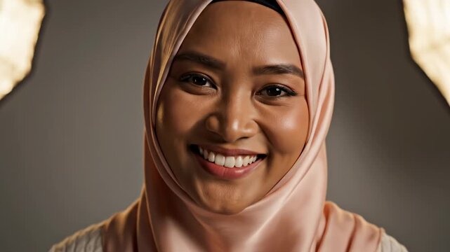 Smiling Young Muslim Woman in Hijab Posing for Camera in Studio.