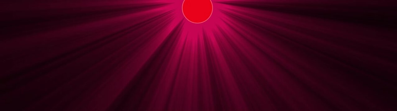 Crimson rays emanate from red circle, creating dynamic visual background motion.