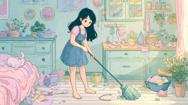 女の子がモップで寝室をきれいにする、やわらかな手描き風の生活イラスト、子供部屋、片付け、整理整頓、家事、お手伝い、清掃、習慣、室内、家具、収納、猫、ぬいぐるみ、ベッドルーム、日常風景、清潔感、家族、教育、成長、キッズルーム、住まい、ブログ、広告、挿絵、背景、ストック素材、商用利用、児童、学習、しつけ、習慣づけ、住空間、模様替え、室内装飾、生活教育、親子時間、かわいい、イラスト素材、癒やし、家の仕事