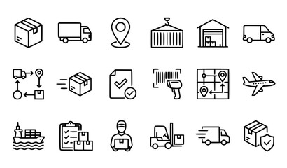 Fototapeta premium Global Logistics and Supply Chain Management Line Icons - Shipping, Warehouse, and Freight Transport Vectors