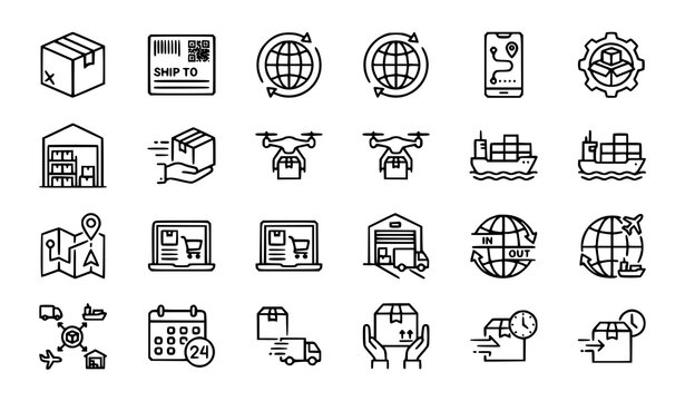 E-commerce Delivery and Smart Logistics Icon Set - Drone Shipping, Global Tracking, and Online Order Vectors