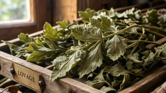 tolerable. Close-up of dried lovage leaves on a wooden rack with natural morning light. gardening catalogs, home-decor guides, designed for home decor and floral branding, used by sports marketers.