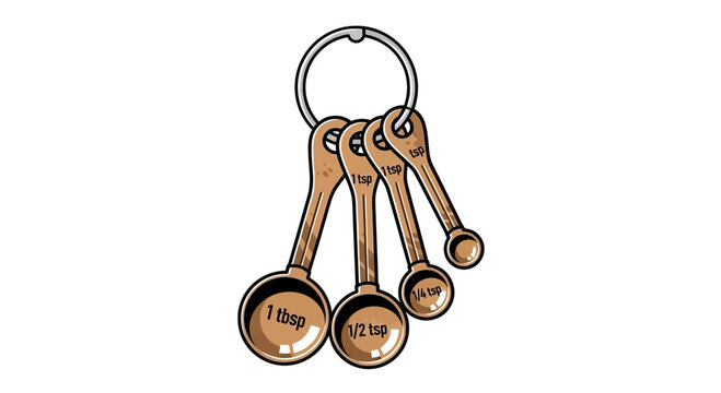 Set of four measuring spoons on a ring, isolated on white background.