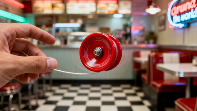 Close-up of a hand playing with a red yo-yo in a retro diner.