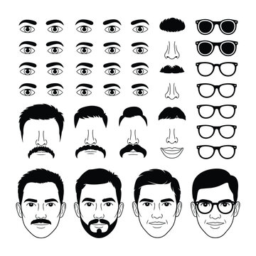 Male avatar creator collection featuring facial expressions, hairstyles, mustaches, glasses and customizable character vector illustration elements design