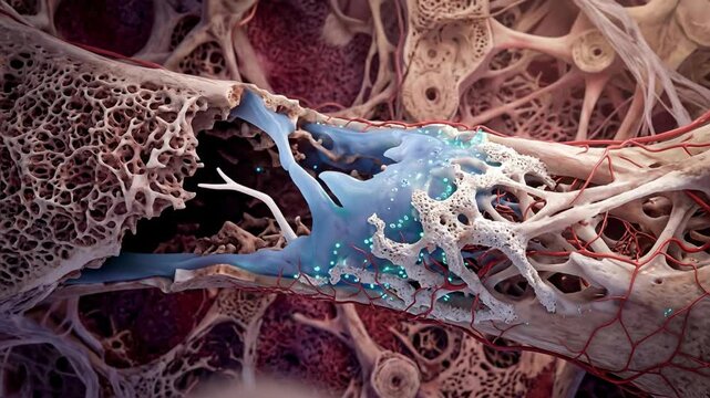 Microscopic view of bone healing process with osteoblasts and collagen fibers.