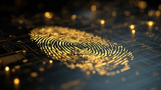 Golden fingerprint on digital matrix background representing identity security and biometric technology innovations