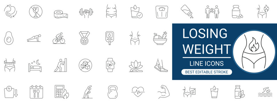 losing weight line icon set. fitness, diet, nutrition, calories, weight, loss, work, fat, exercise, sleep, measurement, scale, workout, health, slimming, editable stroke. vector illustration