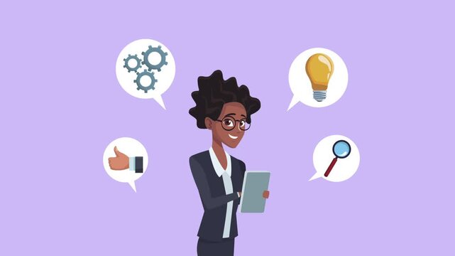 Businesswoman using tablet with diverse business icons and idea symbols in flat motion animation.