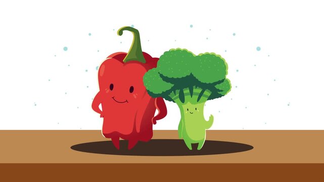 Cute cartoon red pepper and broccoli characters standing together on wooden surface with animated background.