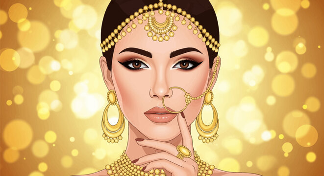 Detailed vector portrait of a woman wearing traditional Indian bridal jewelry with a gold maang tikka, nath nose ring, and earrings against a glowing golden bokeh blurred background.