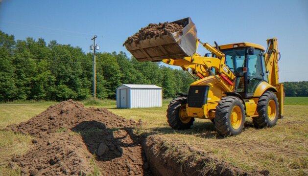 A yellow backhoe loader lifting a bucket full of dirt while working on an excavation project in a field.