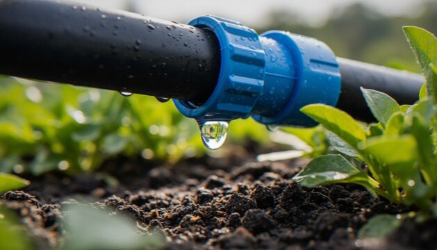 A close-up shot of a black irrigation pipe with a blue coupling connector dripping a clear water droplet onto the dark, moist soil of a vegetable garden.