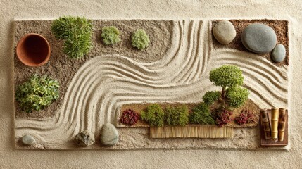Obraz premium Serene Zen Garden with Sand Patterns, Stones, Greenery, and Decorative Elements for Tranquil Spaces