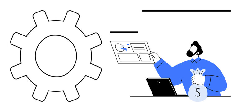 Business automation, data management, financial operations, payment systems, workflow optimization, digital tools. Man holding money and interacting with digital interface. Business automation