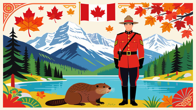 Vibrant illustration of Canadian national symbols featuring an RCMP officer, beaver, maple leaves, flag, mountains, and lake.