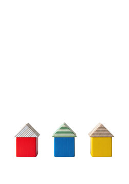 three minimalist, sharp birchwood toy block house models (red, blue, yellow) perfectly arranged on a pure high-key white cyc wall background, conceptual product photography of modular design