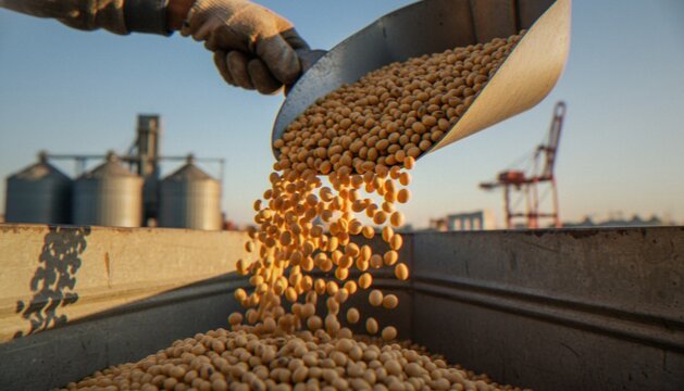A gloved hand uses a scoop to pour freshly harvested soybeans into a container, with large grain silos and a port crane in the background.