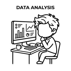 Fototapeta premium Cartoon Data Analyst Working on Computer with Charts and Graphs.