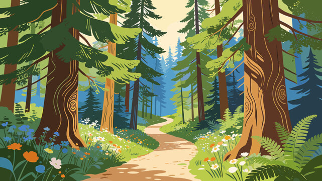 A winding dirt path leads through a vibrant, sun-dappled forest filled with tall green trees and colorful wildflowers blooming along the grassy edges.