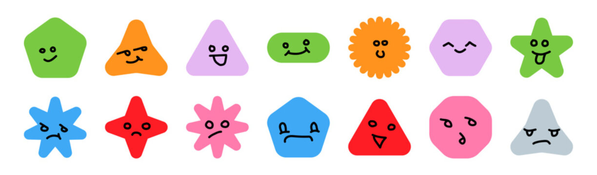 Geometric figure face Cute cartoon shapes with funny faces Star, square, triangle, circle elements with eyes set