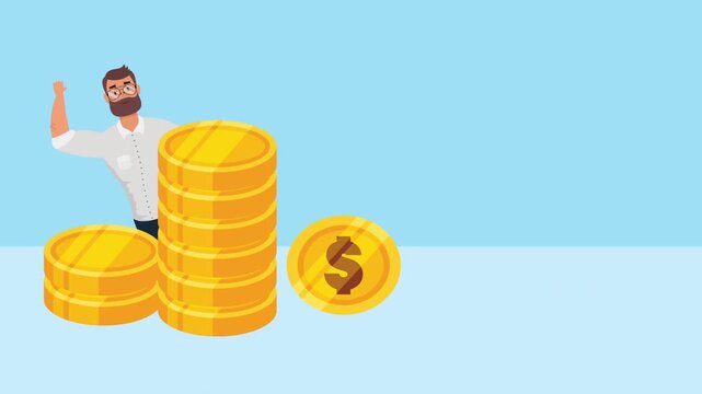 Successful bearded businessman celebrating near tall stack of gold coins showing financial growth and wealth accumulation.